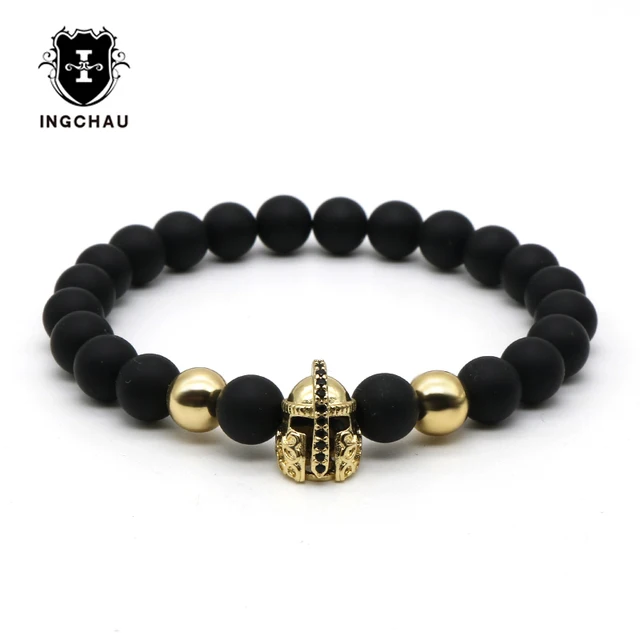 Micro Pave Black Cz Zirconia Gold Color Gladiator Helmet Spartan Micro Pave Black Cz Zirconia Gold Color Gladiator Helmet Spartan Bracelet Men Matte Stone Bead Bracelets