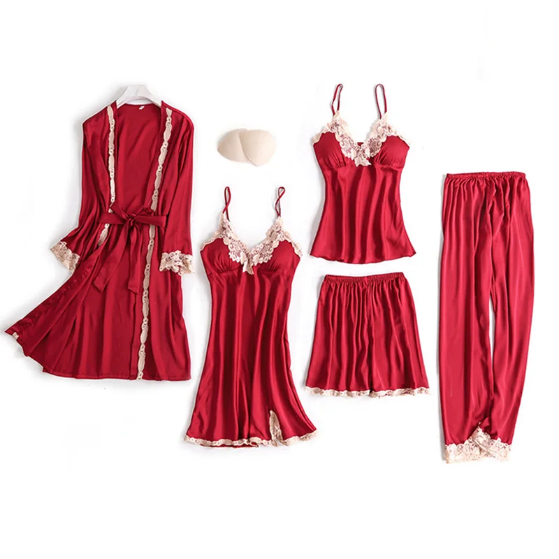 

2019 Female Sexy Lace Silk Satin Pajamas Set Women Robe Sling Pajamas Shorts Women Nightgown Wedding Sleepwear Homewear 5 Pieces