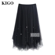 KIGO Женская юбка с эластичной резинкой на талии, украшенная бусинами, Повседневная Асимметричная плиссированная юбка, винтажная юбка миди из сетки, Тюлевая юбка, Jupe KJ2466H