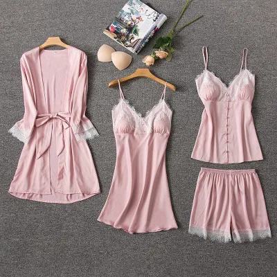 Daeyard, женские шелковые пижамы, 4 шт, пижамные комплекты, одежда для сна, Сексуальная кружевная отделка, для сна, для отдыха, v-образный вырез, халат, пижама, весна-лето, домашняя одежда - Цвет: pink 4pcs
