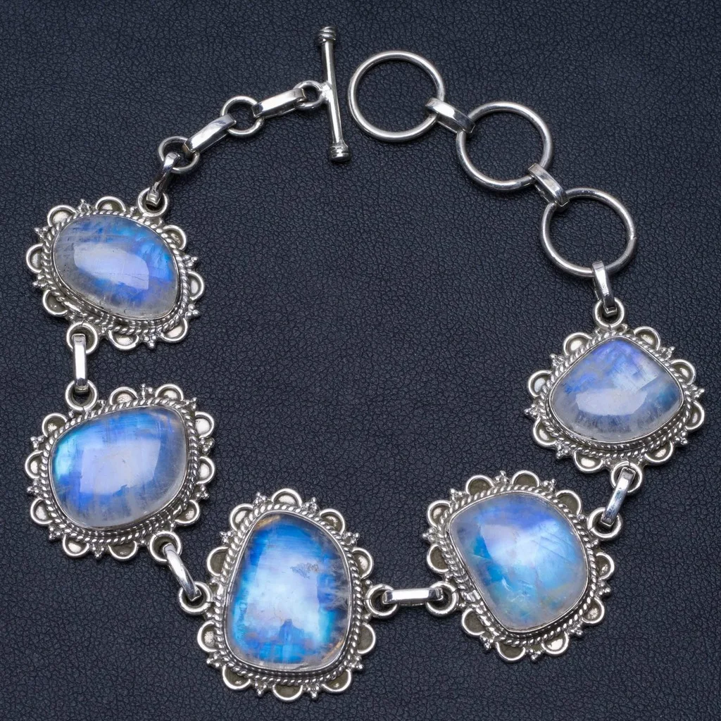 

Natural Rainbow Moonstone Unique Punk Style 925 Sterling Silver Bracelet 7-8" P2334