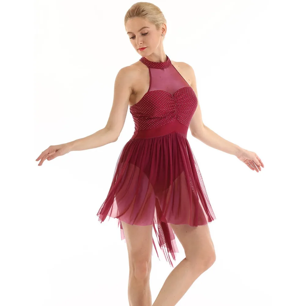 inlzdz Womens Girls Lyrical Ballet Dance Costume Illusion Sequins Irregular Tulle High-Low Skirt