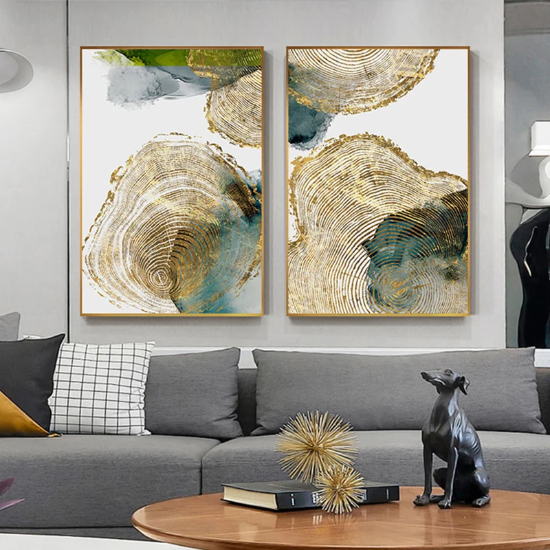 

Nordic Poster and Print Wall Art Abstract Green Leaf Golden Vein Ring Canvas Painting for Living Room Tableau Decoration Salon
