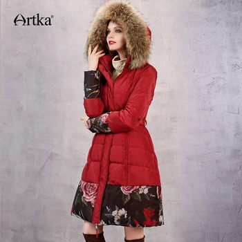 

ARTKA Women's Down Coat Winter Outerwear 2018 Long Parka Female Fur Collar Jacket Hooded Windbreaker Floral Overcoat ZK11867D