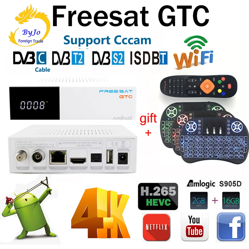 

Freesat GTC Satellite Receiver DVB-S2 DVB-C DVB-T2 ISDB-T 2GB RAM 16GB ROM Wifi 2.4G+BT4.0 Amlogic S905D Top set box android 6.0