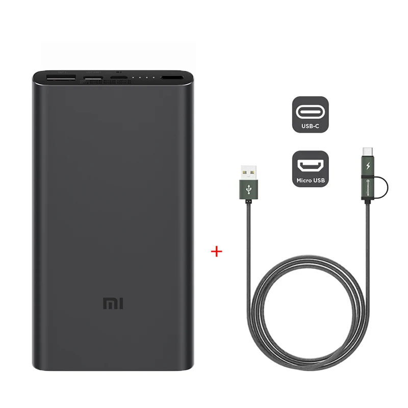 Xiao mi power Bank 3 10000 мАч PLM12ZM usb type C QC3.0 Быстрая зарядка mi power bank 10000 портативное зарядное устройство повербанк - Цвет: Add 2 in 1 Cable