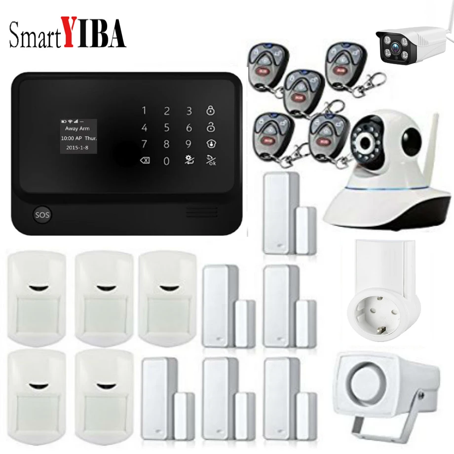 SmartYIBA APP Control Wireless GSM WIFI Home Security Burglar Alarm System Siren WIFI IP Camera Smoke Fire Sensor Smart Socket