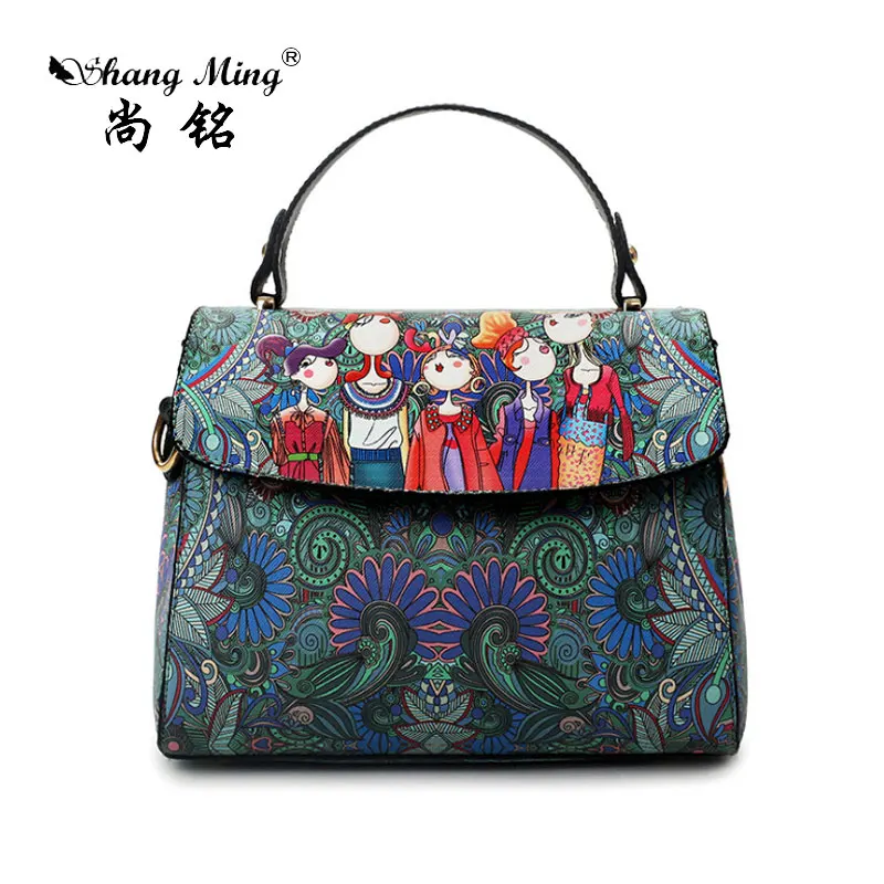 

Shangming 2017 Clamshell Character printing Dark Green Forest Women Leather Messenger Shoulder Bag Retro Tote Bag Handbags