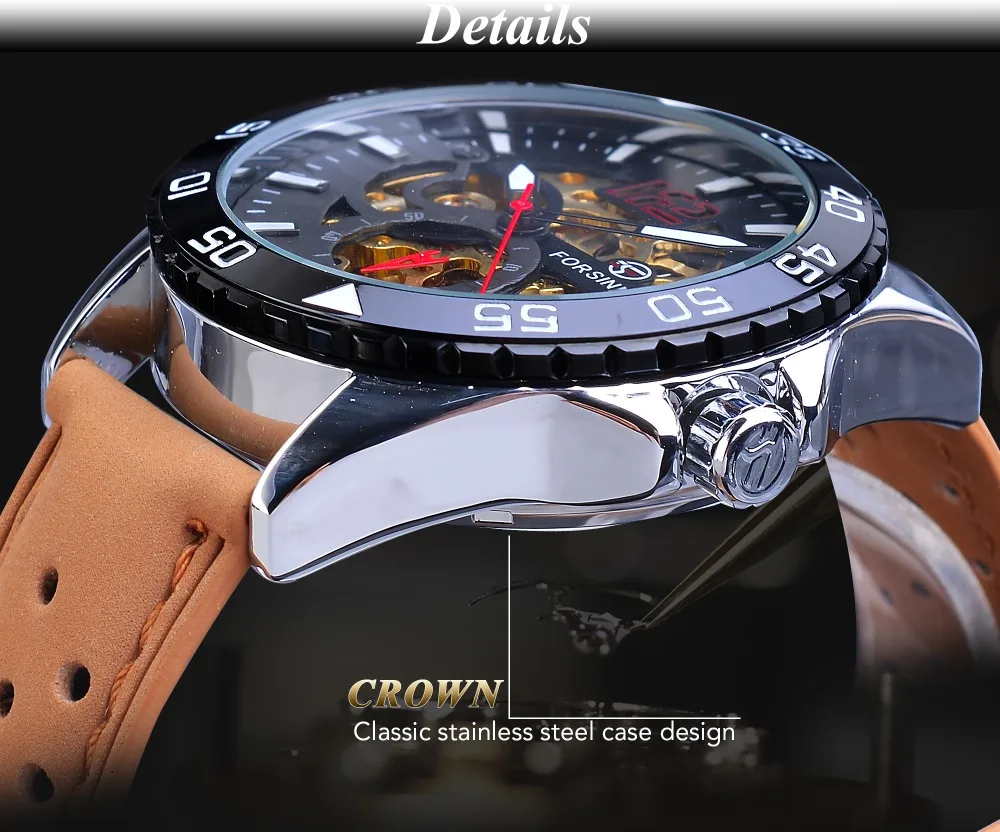 Forsining Creative Mechanical Sport Watches Men's Automatic Half Color Dial Brown Leather Band Racing Outdoor Watch Reloj Hombre_voghion.com