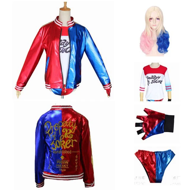 

Adult Women Harley Quinn Costume Ripped Jacket T-Shirt Short with Wig Suicide Squad Cosplay Halloween Costume Set