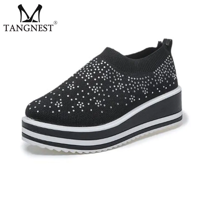 

Tangnest Bling Crystal Women's Sneakers Casual Knitted Slip-on Vulcanize Shoes For Women Height Increasing Creeper Shoes XWD7006