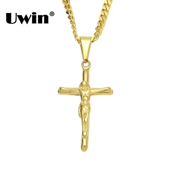 

Uwin Top Quality Crucifix Jesus Necklace Jewelry Gold Color Stainless Steel Men Christian Religion Pendant With Cuban Chain