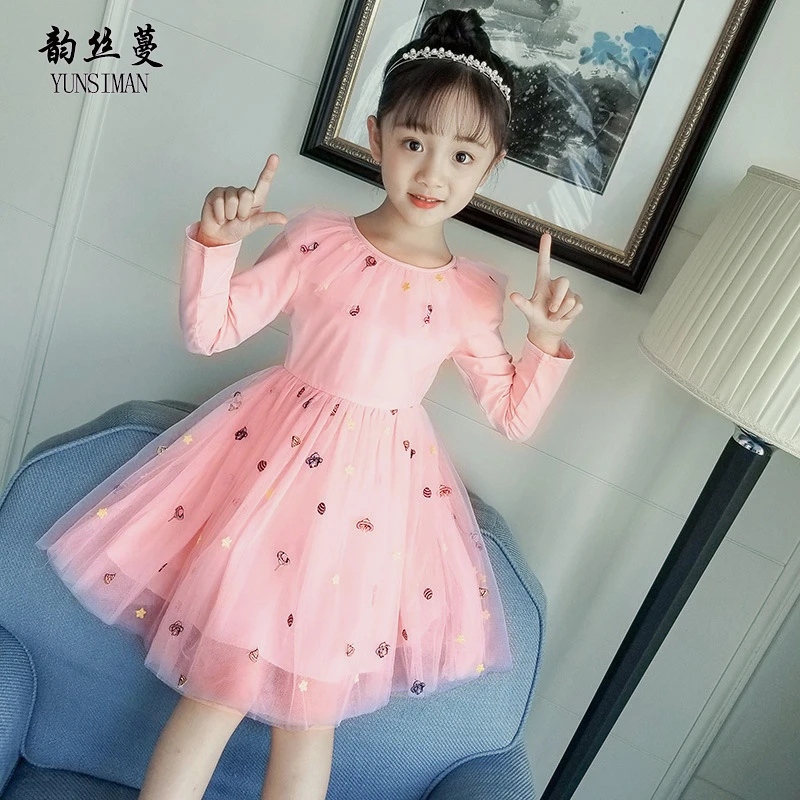 

Long Sleeve Cute Party Dress for Girls 6 7 8 9 10 11 12 Years Cartoon Embroidery Light Blue Mesh Princess Knee Dress Kids 50M7A