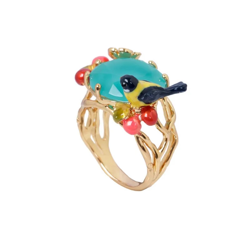 

Warmhome Lovely Jewelry Enamel Glaze Copper Romantic Yellow Bird Cherry Flower Gem For Women Ring