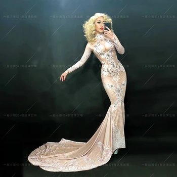 

Sparkly Rhinestones Dress Female Nightclub Singer Djds Modern Water Drill Drag Tail Skirt Sexy Perspective Celebrate Dresses