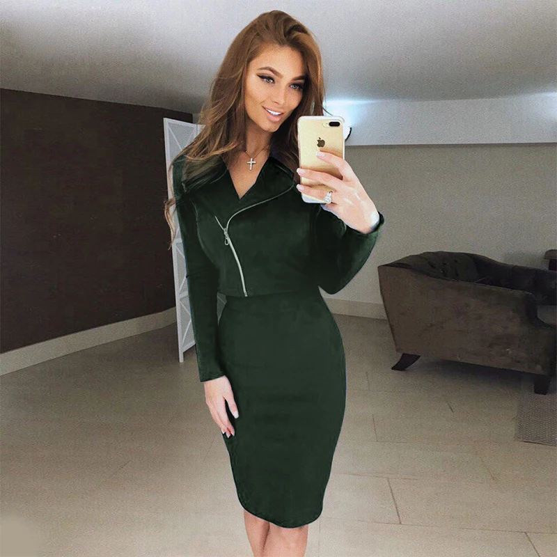 

Suede Women Two Piece Set 2019 Spring New Fashion Long Sleeve Zipper Tops and High Waist Knee-Length Skirt Casual Suits Female