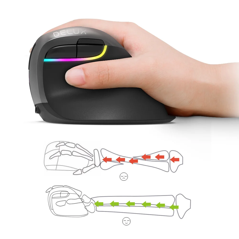 Mini Mouse Ergonômico para Jogos Mouse Vertical sem Fio Bluetooth 2.4ghz Rgb Recarregável Mouse Silencioso para Escritório Delux-m618 - Imagem 4
