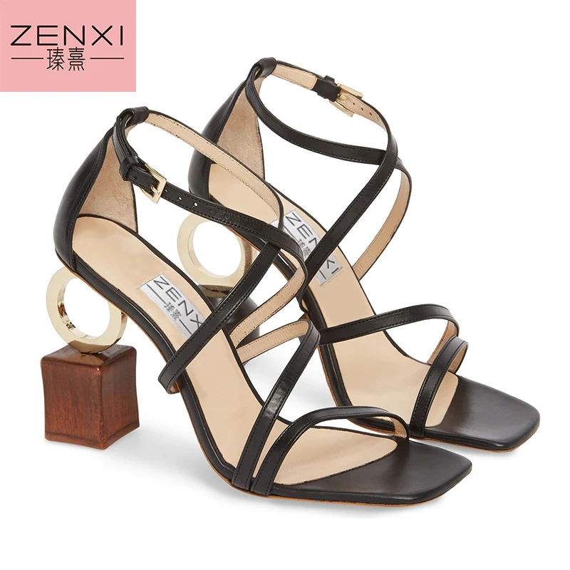 

2019 sheep skin sandals women geometric asymmetrica strange high heels strappy personality catwalk wedding shoes zapatos mujer