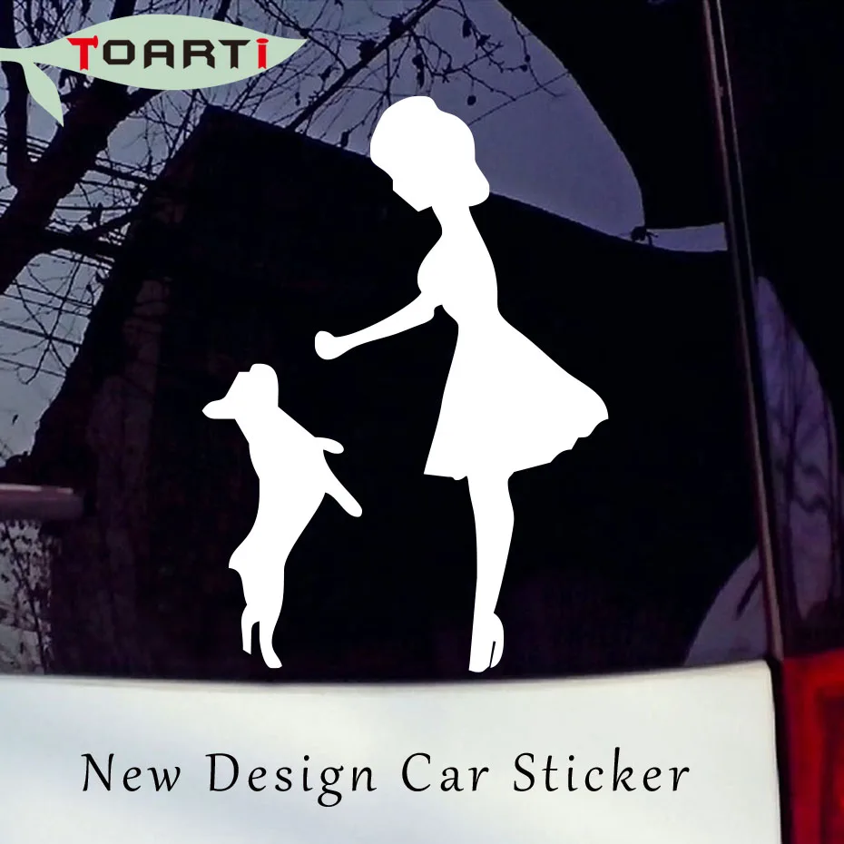 

10.8*15.3 CM Woman Playing With Pet Dog Pvc Self AdhesivCar Styling Stickers Funny Auto Car Decals New Design Car Window Sticker