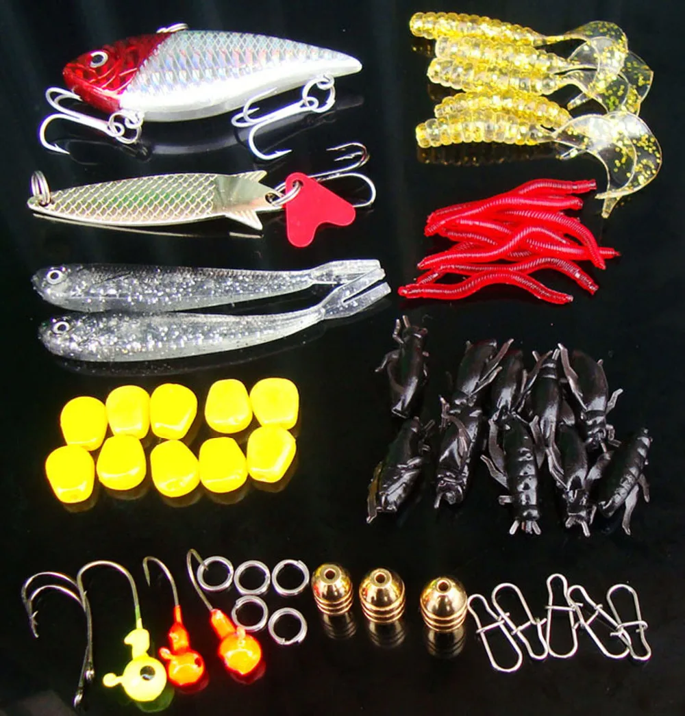 

57PCS Soft Lure Capuchin maggots Grub worm Jig Head Minnow Spoon Hook Fishing Bait