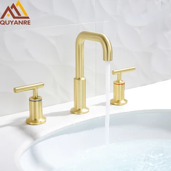 

Quyanre Brushed Gold Basin Faucet Deck Mount Dual Handles Hot Cold Water Mixer Tap Bathroom Shower Faucet Basin Tub Sink Faucet
