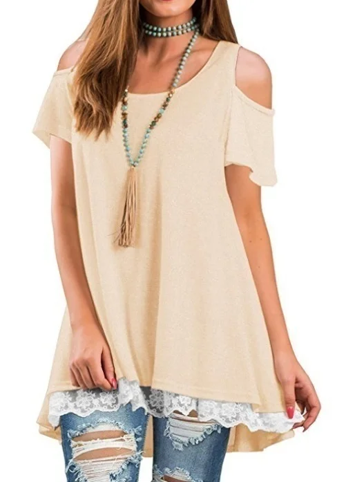 

Elegance Casual Off Shoulder Short Sleeve Lace Scoop Women's Summer Plus Size Comfort Cute Sexy Neck A-Line Tunic Tee2