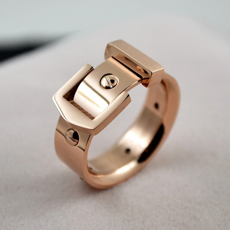

Classic Brand Quality Titanium Steel Depth 7mm Buckle Design Rose Gold Color Women Trendy Ring Punk Style Women Ring