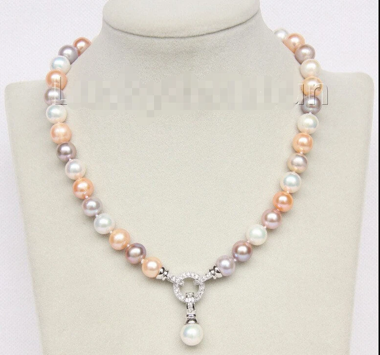 

>>> >>>17" 11mm natural round white pink purple pearls necklace pendant j9827