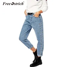 Свободные уличные джинсы с высокой талией, свободные женские прямые джинсовые штаны, полная длина, умягчитель, с заклепками, отбеленные джинсы для женщин