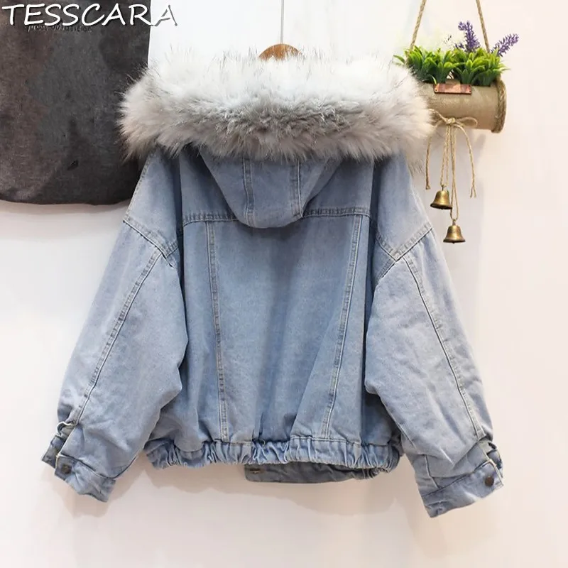 amp; grey Base Parka Vêtements Et Veste Automne Manteau Hiver Vestes Tesscara Bomber Avec Femelle Denim Pink Femmes white De Fourrure Jeans Capuche Manteaux Faux 5B648wn