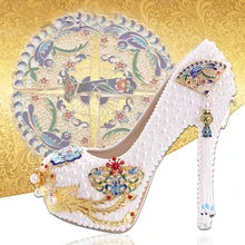 Chinese Style Performance Party Shoes White Pearl Wedding Shoes with Gold Phoenix Women Cinderella Prom High Heels Bridal Pumps