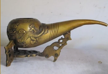 

xd 003166 8"China Excellent bronze copper sculpture 2 dragon tobacco pipe on bottom shelf