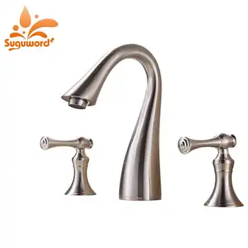 

Suguword Brushed Nickel Bathtub Faucet Dual Handle Three Hole Bathroom Mixer Tap Hot and Cold Switch