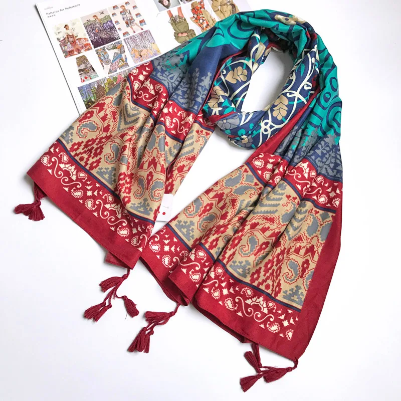 Женский хлопковый шарф, этнический тотем, винтажная длинная шаль, большой размер, твиловый палантин с бахромой, шейный платок, бренд [1838]