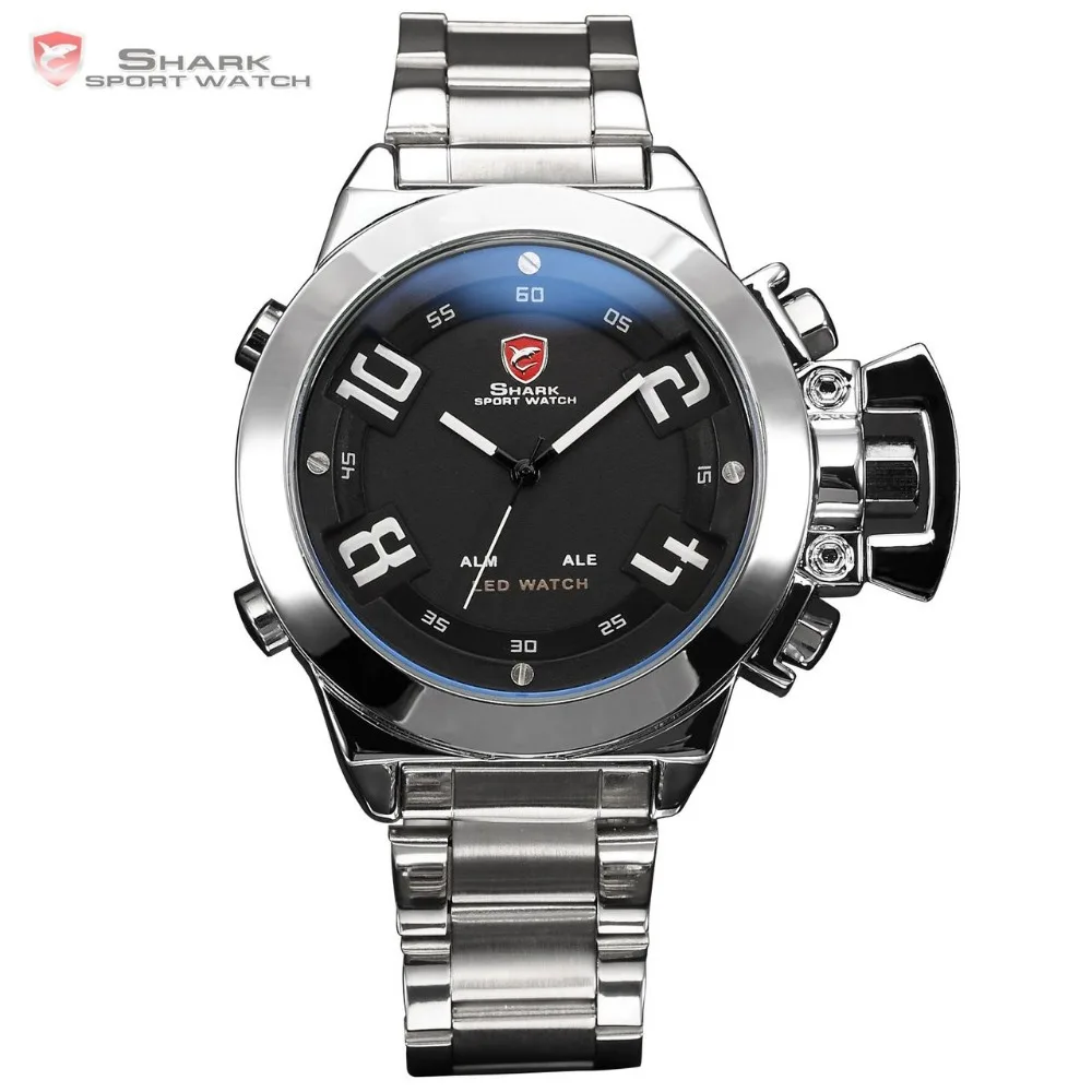 Great White SHARK Sport Watch Black Stainless Steel Dual Time LED Date