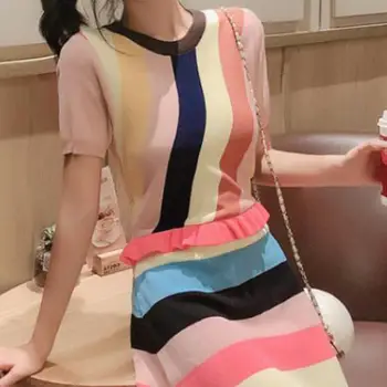

Nonis Summer Multi-color Stripe Knitted O Neck Short Sleeve Women Dress A-line Slim Fit Female Vestidos High Waist Elastic