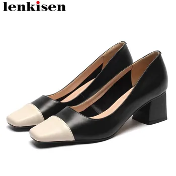 

Lenkisen hot selling vintage mixed colors high heels square toe shallow women pumps genuine leather Spring dress party shoes L66