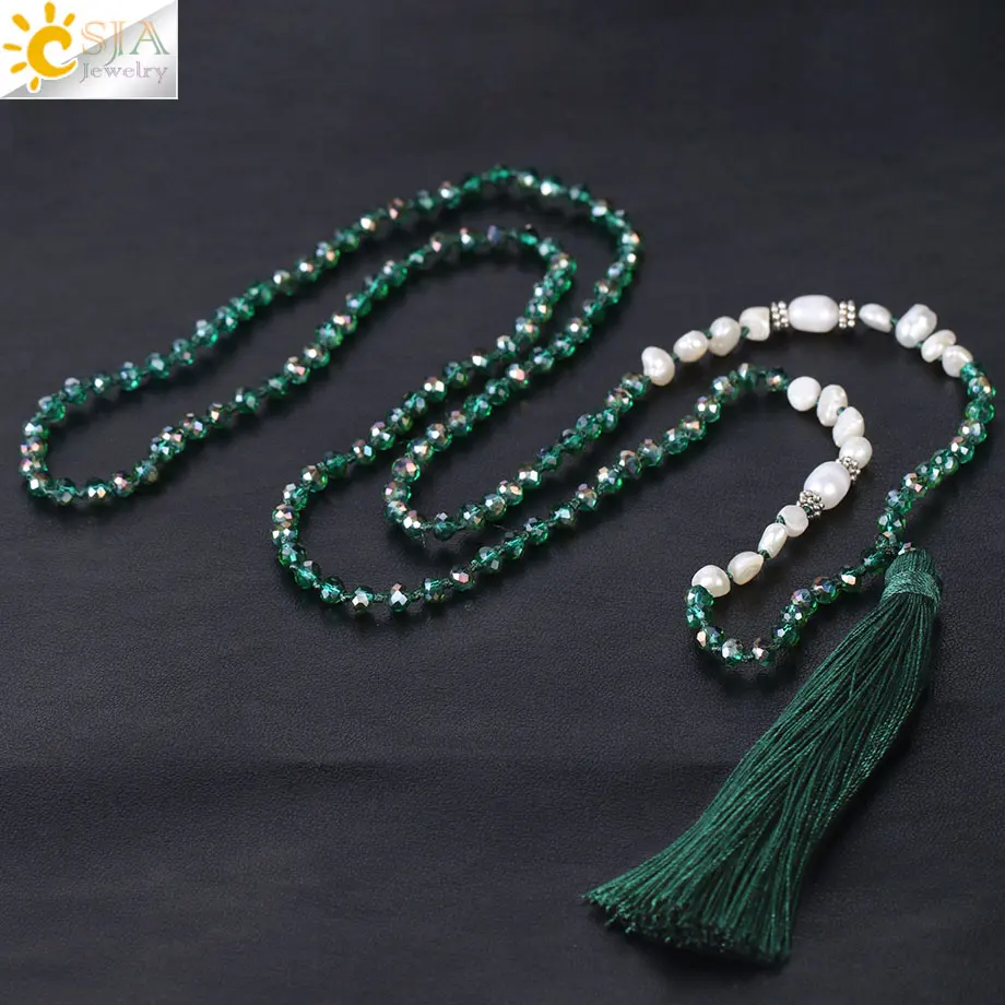 

CSJA Faceted Beads Necklace 4mm Matte Green Glass Crystal Fringe Tassel Pendant Natural Pearl Stone Jewelry Knotted Rope S050