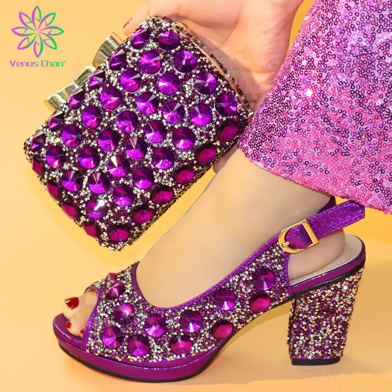 

2019 Newest style purple African shoes and bag set high heels Italian slipper with matching bag best selling for ladies wedding