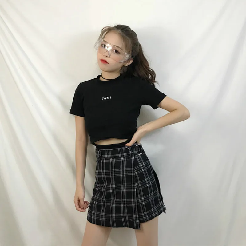 

2019 Spring Summer Women's Short Skirt Set Embroidered Girl Black Top Plaid Female Sexy Skirt Mini Tartan Culottes Korean Ladies