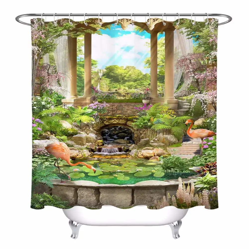 Floral Vintage Arch With A Gazebo Shower Curtain Flamingo Pond Bathroom Waterproof Washable Polyester Fabric For Bathtub Decor Shower Curtains Aliexpress