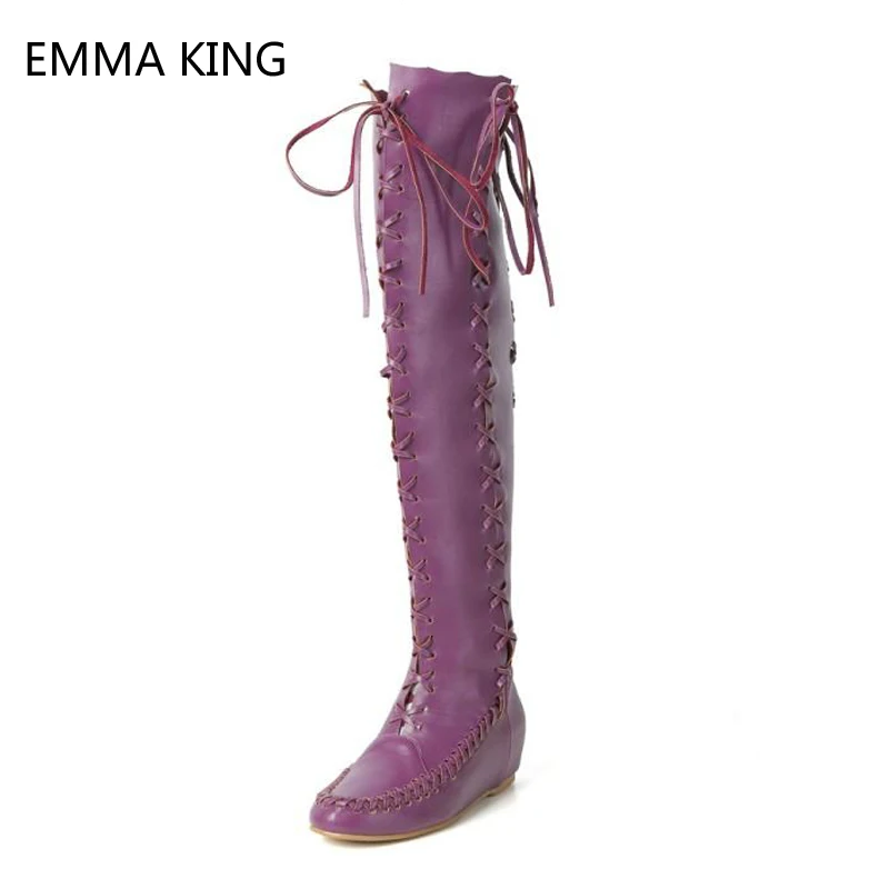 

Purple Lace-up Flat Shoes Women Leather Knee High Boots Zip 2019 Spring Summer Cross Straps Over The Knee Ladies Botas Mujer