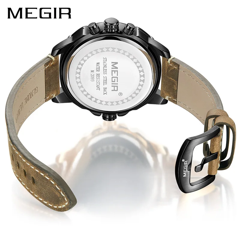 Billige MEGIR Chronograph Sport Quarzuhr Männer Dual Time Zone Männer Handgelenk Uhren Kreative Leder Armee Military Armbanduhren Uhr Stunde