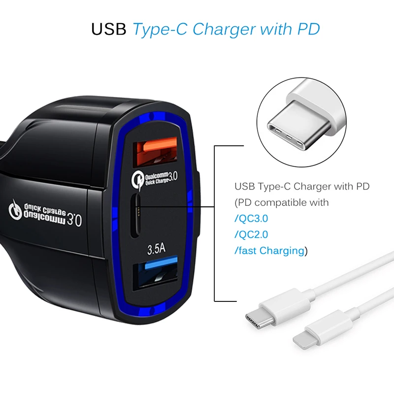 VicTsing Car Charger Quick Charge 3.0 Dual USB Ports 3.5A Type-C Car Adapter Quick Charger for iPhone 8 Cigarette Lighter        (14)