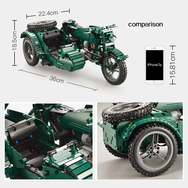 Военный мотоцикл rc строительные блоки Fit Legoing Technic WW2 автоцикл армейский двигатель