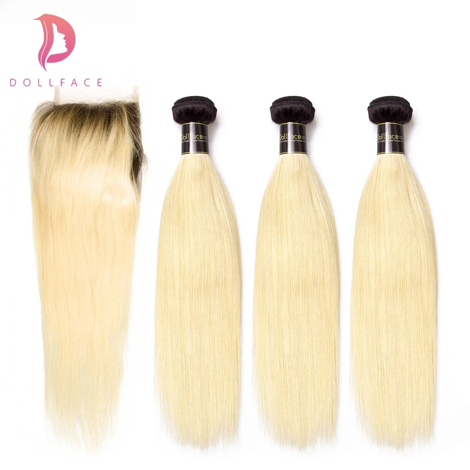 Dollface Ombre 1b/613 Human Hair Bundles with Closure Straight 3 Hair Bundles with Closure Remy