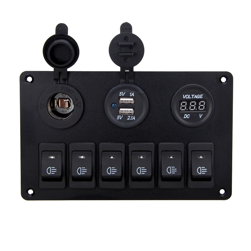  Cargador USB ABS 12V 24V 6 Gang Rocker interruptor Panel Dual USB impermeable circuito azul LED coc
