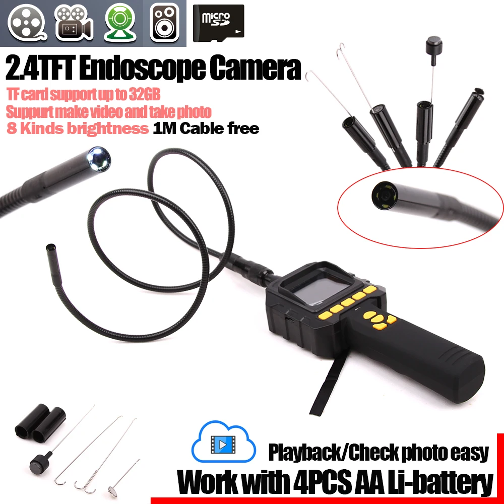 2.4" Video Inspection Borescope Endoscope Pipe 8.5mm Camera Snake Scope 1 Meter with mirror
