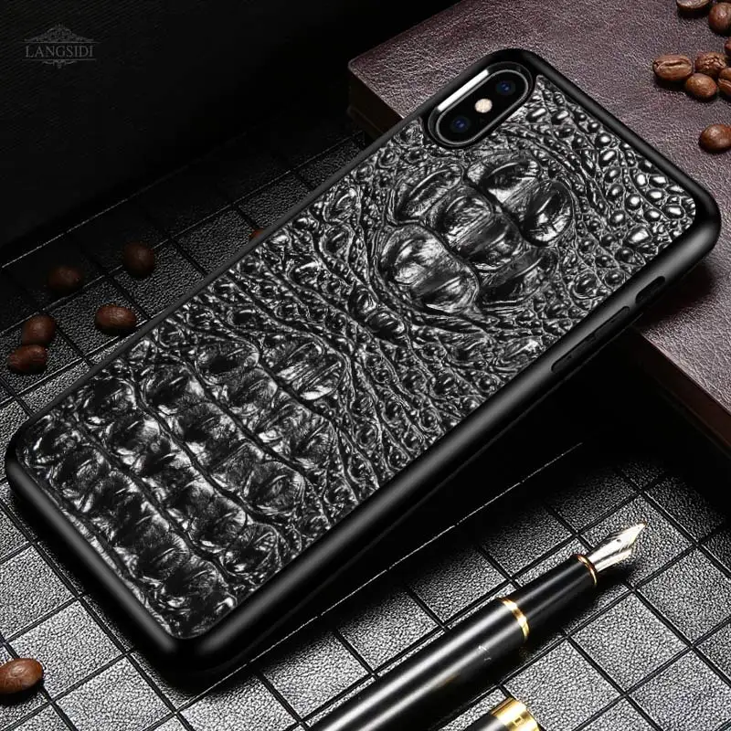 LANGSIDI 3D Crocodile Texture Genuine Leather covers for iphone x case 3d Leather cases for iphone XR XS Business phone cases