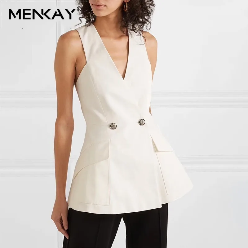 

[MENKAY] Summer Sleeveless Women Vest V Neck Off Shoulder Button Tunic Long Tops Female Fashion Clothes 2019 Elegant New